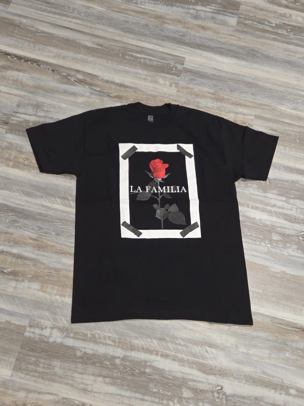 Black Graphic Tee with Red Rose Print